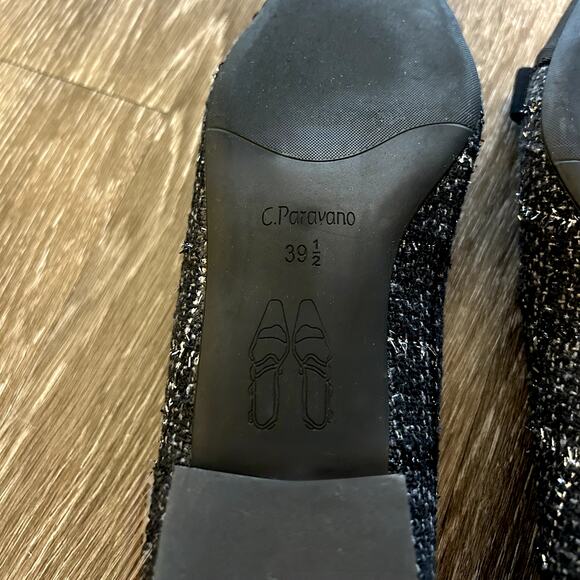 C. Paravano Aida Tweed Pointed Toe Flats Black Gold Metal Bow US 9 Workwear EUC - Picture 13 of 16